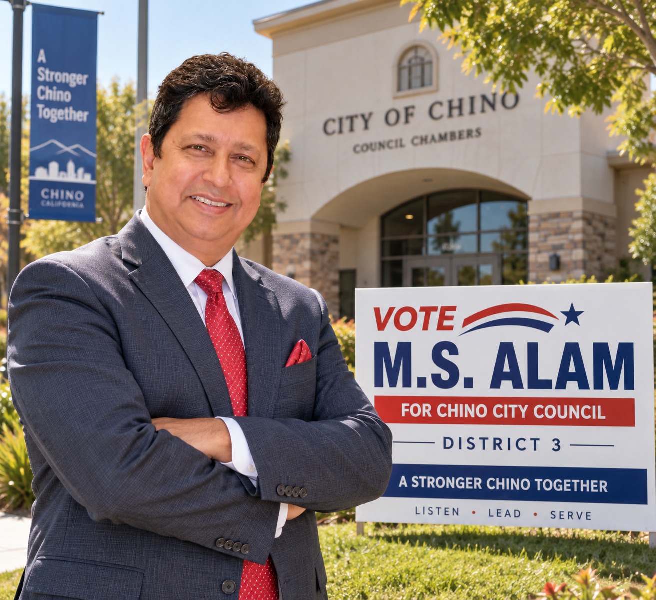 M S Alam at City of Chino Council Chambers with campaign sign for District 3
