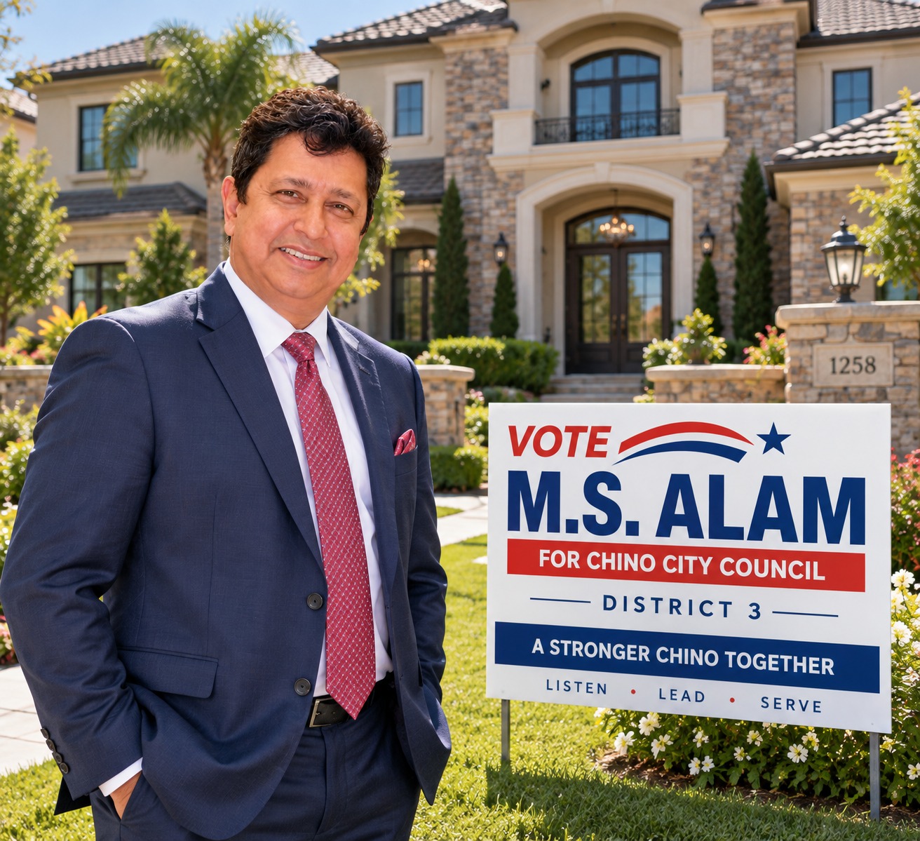 M S Alam with campaign yard sign in a Chino District 3 neighborhood